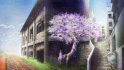Rule 34 | 1girl, abandoned, brown hair, building, cherry blossoms, cloud, commentary request, day, dress, full body, geshi, grass, original, pink dress, plant, railroad tracks, ruins, scenery, shoes, short hair, sky, solo, stairs, tree