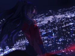 Rule 34 | 1girl, black hair, black skirt, blue eyes, city, cityscape, fate/stay night, fate (series), floating hair, long hair, long sleeves, looking down, night, on roof, outdoors, red sweater, rooftop, skirt, solo, sweater, tohsaka rin, twintails, two side up, ubwmitekure
