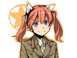 Rule 34 | 1girl, animal ears, blue eyes, blush stickers, francie gerard, hair ribbon, horse girl, looking at viewer, military, military uniform, orange hair, ribbon, smile, solo, star (symbol), strike witches, twintails, uniform, uno ichi, world witches series