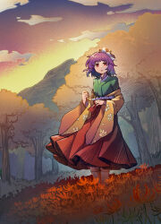 Rule 34 | 1girl, cloud, floral print, flower, forest, frills, full body, green kimono, hair flower, hair ornament, hakama, hakama skirt, hieda no akyuu, highres, japanese clothes, kimono, looking at viewer, mountain, multicolored clothes, nature, open mouth, purple hair, red eyes, red hakama, shishui guima, short hair, skirt, sky, socks, spider lily, sunset, touhou, wide sleeves, yellow sleeves
