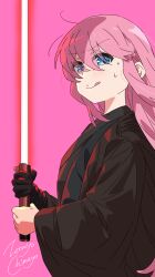 Rule 34 | 1girl, absurdres, blue eyes, blush, bocchi the rock!, energy sword, gloves, gotoh hitori, highres, holding lightsaber, lightsaber, long hair, looking at viewer, pink background, pink hair, red lightsaber, simple background, single glove, sith, smile, solo, star wars, sword, tongue, tongue out, weapon, zetsuyo chimayo