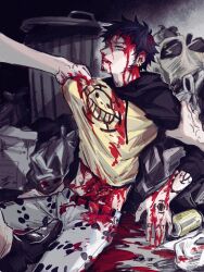 Rule 34 | 3boys, arm tattoo, belt, black hair, blood, blood on clothes, blood on face, can, clothes grab, deep wound, demorzel, denim, earrings, facial hair, goatee, guro, hand tattoo, hood, hoodie, injury, intestines, jeans, jewelry, male focus, multiple boys, one piece, organs, pants, short hair, sitting, stepped on, tattoo, trafalgar law, trash, trash bag, trash can, trembling, yellow eyes