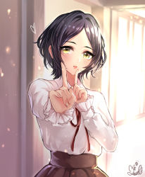 Rule 34 | 10s, 1girl, absurdres, black hair, blurry, brown skirt, depth of field, fingernails, hair intakes, hayami kanade, heart, highres, idolmaster, idolmaster cinderella girls, index finger raised, indoors, koi dance, light particles, lipstick, long sleeves, looking at viewer, mairo, makeup, open door, outstretched arm, parted lips, red ribbon, ribbon, shirt, short hair, signature, skirt, smile, solo, upper body, wall, white shirt, yellow eyes