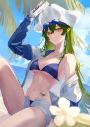 Rule 34 | 1girl, absurdres, aoi tooru, arknights, bikini, bikini under clothes, blue bikini, blue sky, breasts, can, closed mouth, day, earrings, flower, gavial (arknights), gavial the invincible (arknights), gavial the invincible (holiday) (arknights), green hair, hat, highres, holding, holding can, jacket, jewelry, knee up, long hair, long sleeves, looking at viewer, material growth, medium breasts, navel, off shoulder, open clothes, open fly, open shirt, open shorts, orange eyes, oripathy lesion (arknights), outdoors, pointy ears, short shorts, shorts, single bare shoulder, sitting, sky, smile, solo, stomach, swimsuit, tattoo, underboob, very long hair, white flower, white hat, white jacket, white shorts