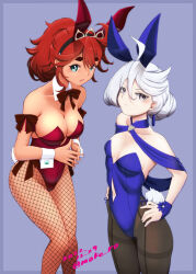 Rule 34 | 2girls, ahoge, animal ears, aqua eyes, black pantyhose, blue background, blue leotard, bow, bowtie, breasts, brown bow, brown bowtie, cleavage, clothing cutout, commentary request, cowboy shot, dark-skinned female, dark skin, dated, detached collar, feet out of frame, fishnet pantyhose, fishnets, grey eyes, gundam, gundam suisei no majo, hair between eyes, hands on own hips, leotard, long hair, medium breasts, miorine rembran, moke ro, multiple girls, navel cutout, pantyhose, playboy bunny, rabbit ears, rabbit tail, red hair, red leotard, simple background, small breasts, suletta mercury, swept bangs, tail, thick eyebrows, tiara, twitter username, white hair, wrist cuffs