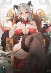 Rule 34 | 1girl, aegir (azur lane), aegir (golden dragon among auspicious clouds) (azur lane), arm strap, azur lane, bare shoulders, black garter straps, black gloves, black thighhighs, blush, breasts, cleavage, commentary request, crossed bangs, garter straps, gloves, grey hair, holding, horn ornament, horns, large breasts, long hair, looking at viewer, official alternate costume, parted lips, sea nami, sitting, smile, solo, thighhighs, thighs, yellow eyes