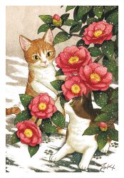 Rule 34 | animal, animal focus, branch, cat, flower, green eyes, leaf, looking at another, no humans, original, paw print, pink flower, plant, signature, snowing, takigraphic, yellow eyes