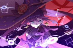 Rule 34 | 1girl, absurdres, blue eyes, cape, elbow gloves, genshin impact, gloves, hat, highres, komadera, looking at viewer, mona (genshin impact), outstretched arm, parted lips, purple gloves, purple hair, solo, witch hat