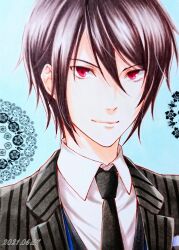 Rule 34 | 1boy, 2021, black necktie, black suit, blue background, brown hair, closed mouth, collared shirt, dated, formal, kuroki ryosuke, looking at viewer, male focus, necktie, pink eyes, shirt, short hair, smile, solo, suit, white shirt, youvoice, yumeiro cast