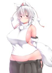 Rule 34 | 1girl, :&gt;, animal ears, arms behind back, bare shoulders, belly, blush, breasts, detached sleeves, fang, fang out, groin, hat, highres, inubashiri momiji, large breasts, looking at viewer, plump, pom pom (clothes), red eyes, shishi juuroku, short hair, sideboob, silver hair, skindentation, skirt, smile, solo, tail, thick eyebrows, tokin hat, touhou, white background, wide hips, wolf ears, wolf tail