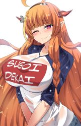Rule 34 | 1girl, ahoge, black hairband, blunt bangs, blush, bow, braid, breasts, closed mouth, clothes writing, diagonal-striped bow, dragon horns, hairband, highres, hinghoi, hololive, horns, kiryu coco, large breasts, long hair, looking at viewer, one eye closed, orange hair, pointy ears, raglan sleeves, red eyes, simple background, single braid, smile, solo, sugoi dekai, virtual youtuber, wet, wet clothes, white background