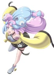Rule 34 | bow-shaped hair, breasts, character hair ornament, creatures (company), game freak, grey pantyhose, hair ornament, hexagon print, highres, iono (pokemon), jacket, long hair, low-tied long hair, multicolored hair, nintendo, ossannoa, oversized clothes, pantyhose, pokemon, pokemon sv, sharp teeth, single leg pantyhose, sleeves past fingers, sleeves past wrists, small breasts, split-color hair, symbol in eye, teeth, very long sleeves, x, yellow jacket