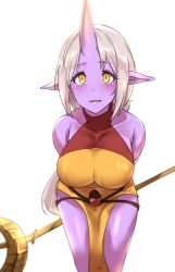 Rule 34 | 1girl, bare shoulders, blush, breasts, colored skin, highres, large breasts, league of legends, looking at viewer, pocari sweat (artist), purple skin, simple background, solo, soraka (league of legends), white hair, yellow eyes