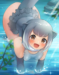 Rule 34 | 1girl, :d, animal ears, bare shoulders, bent over, blush, breasts, brown eyes, covered erect nipples, day, elbow gloves, frills, fur collar, gloves, grey hair, grey one-piece swimsuit, highres, kemono friends, looking at viewer, mappuri, medium hair, multicolored hair, one-piece swimsuit, open mouth, otter ears, otter tail, outdoors, small-clawed otter (kemono friends), small breasts, smile, solo, swimsuit, tail, two-tone hair, v-shaped eyebrows, water, white hair