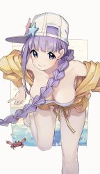 Rule 34 | 1girl, absurdres, asymmetrical hair, bandeau, bare shoulders, baseball cap, bb (fate), bb (fate) (all), bb (swimsuit mooncancer) (fate), bb (swimsuit mooncancer) (first ascension) (fate), blush, braid, breasts, cleavage, collarbone, crab, cropped jacket, fate/grand order, fate (series), hat, hat ornament, highres, jacket, large breasts, leaning forward, long hair, long sleeves, looking at viewer, midriff, miniskirt, purple eyes, purple hair, single braid, skirt, smile, solo, star (symbol), star hat ornament, thighs, urayamashiro (artist), very long hair, white hat, yellow jacket, yellow skirt