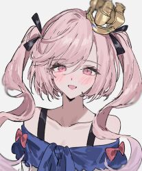 Rule 34 | 1girl, aogisa, azur lane, bare shoulders, blush, bow, collarbone, crown, flat chest, hair between eyes, highres, juno (azur lane), long hair, looking at viewer, mini crown, pink bow, pink eyes, pink hair, smile, tongue, twintails, upper body, wavy hair, white background