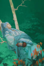 Rule 34 | 1boy, blue gemstone, blue hair, blue kimono, branch, chinese commentary, closed eyes, closed mouth, facing up, gem, golden light puppet show, gourd, highres, holding gourd, japanese clothes, jewelry, jinguang budaixi, kimono, leaf, long hair, long sleeves, lying, lying on branch, male focus, mou-s, on back, outdoors, pendant, plant, qiluosheng, sidelocks, solo, water, wide sleeves