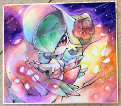 Rule 34 | 1girl, bob cut, bonnet, border, capelet, closed mouth, clothed pokemon, colored skin, creatures (company), female focus, flat chest, flower, game freak, gardevoir, gardevoir (fashionable), gen 3 pokemon, glowing, green hair, green skin, hair over one eye, happy, hat, hat flower, highres, looking at viewer, multicolored skin, neverland+, nintendo, one eye covered, pink trim, pokemon, pokemon (creature), pokemon unite, purple background, red eyes, red flower, short hair, smile, solo, split mouth, standing, traditional media, two-tone skin, upper body, white capelet, white hat, white skin