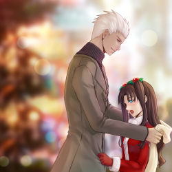 Rule 34 | 1boy, 1girl, archer (fate), blue eyes, blurry, blush, bokeh, brown hair, christmas, dark skin, dark-skinned male, depth of field, fate/stay night, fate (series), haneki, height difference, holly, santa costume, tohsaka rin, twintails, two side up, white hair