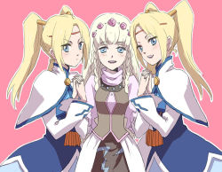 Rule 34 | 3girls, blonde hair, blue eyes, blush, braid, breasts, capelet, dress, fenimore, long hair, multiple girls, open mouth, pink background, shirley fennes, siblings, tales of (series), tales of legendia, thyra welzes, twins, twintails