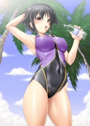 Rule 34 | 10s, 1girl, ayato, black hair, bottle, braid, brown eyes, competition swimsuit, girls und panzer, highres, one-piece swimsuit, pepperoni (girls und panzer), short hair, solo, standing, swimsuit