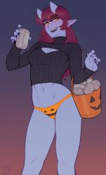 Rule 34 | 1girl, 2019, :d, abs, absurdres, aoi (ittla), artist name, beer can, black nails, black sweater, blue skin, blush, breasts, bucket, can, cleavage cutout, clothing cutout, colored skin, drink can, gradient background, groin, hair between eyes, halloween, highres, holding, holding can, horns, ittla, jack-o&#039;-lantern print, long hair, long sleeves, looking at viewer, midriff, nail polish, navel, no pants, oni, oni horns, open mouth, orange eyes, orange panties, original, panties, print panties, red hair, ribbed sweater, sharp teeth, simple background, slit pupils, smile, solo, sweater, teeth, thick eyebrows, turtleneck, turtleneck sweater, underwear