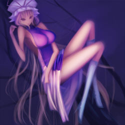 Rule 34 | 1girl, armpits, bad anatomy, blonde hair, boots, breasts, eyebrows hidden by hair, faux traditional media, female focus, from side, hat, high heel boots, high heels, highres, jiongjun, knee boots, large breasts, legs, long hair, long legs, non-web source, purple background, purple eyes, shoes, sideboob, solo, source request, speed painting, thighs, touhou, very long hair, white hat, yakumo yukari