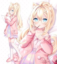 Rule 34 | 1girl, :o, animal ear fluff, animal ears, artist name, bare shoulders, blonde hair, blue eyes, blush, braid, brown-framed eyewear, camisole, cat ears, cat girl, cat tail, collarbone, commentary request, eyebrows hidden by hair, food, glasses, hair between eyes, highres, holding, holding food, jacket, long hair, long sleeves, looking at viewer, multiple views, nami (nyaa), off shoulder, open clothes, open jacket, original, parted lips, pink jacket, pleated skirt, pocky, ponytail, puffy long sleeves, puffy sleeves, purple skirt, round eyewear, skirt, sleeves past wrists, tail, very long hair, white background, white camisole