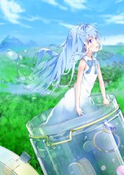 Rule 34 | 10s, 1girl, :d, bad id, bad pixiv id, bare arms, bare shoulders, blue bow, blue eyes, blue hair, blue sky, blurry, blurry background, blush, bow, cloud, day, depth of field, dress, from side, gem, highres, immersed, jewelry, liquid hair, long hair, looking away, merc storia, mini person, minigirl, monster girl, mountain, open mouth, outdoors, ring, round teeth, shiraki shiori, sky, sleeveless, sleeveless dress, slime girl, smile, solo, teeth, transparent, upper teeth only, very long hair, water, white dress