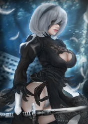 Rule 34 | 1girl, absurdres, artist request, black dress, black thighhighs, blindfold, blurry, blurry background, breasts, cleavage, cleavage cutout, clothing cutout, commentary request, dress, feather trim, gloves, hairband, highleg, highleg leotard, highres, holding, holding sword, holding weapon, katana, large breasts, leotard, leotard under clothes, lips, long sleeves, nier (series), nier:automata, parted lips, puffy sleeves, red lips, short hair, simple background, solo, sword, thighhighs, turtleneck, weapon, white hair, 2b (nier:automata)