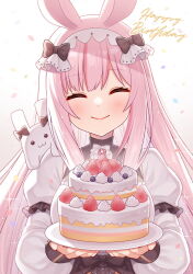 Rule 34 | 1girl, ^ ^, animal ears, black bow, bow, breasts, cake, closed eyes, closed mouth, confetti, facing viewer, food, fruit, gradient background, grey background, happy birthday, hitsuki rei, holding, holding plate, indie virtual youtuber, layered sleeves, long hair, long sleeves, medium breasts, nica wolper, pink hair, plate, puffy long sleeves, puffy short sleeves, puffy sleeves, rabbit ears, shirt, short over long sleeves, short sleeves, sidelocks, solo, strawberry, teeth, upper body, upper teeth only, very long hair, virtual youtuber, white background, white shirt
