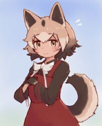 Rule 34 | 1girl, animal ears, blush, bow, bowtie, brown gloves, brown hair, brown shirt, collared shirt, cowboy shot, dog ears, dog girl, dog tail, dress, gloves, hair between eyes, hands on own chest, highres, kemono friends, light brown hair, long sleeves, looking at viewer, multicolored hair, new guinea highland wild dog (kemono friends), red dress, shirt, short hair, sidelocks, smile, solo, tail, white bow, white bowtie, yellow eyes, zzz ansh