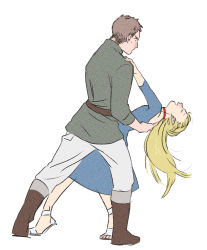 Rule 34 | 1boy, 1girl, ^ ^, adapted costume, blonde hair, blue dress, boots, braid, brown footwear, brown hair, choker, closed eyes, dress, dungeon meshi, green shirt, hair bun, half updo, happy, high heel boots, high heels, highres, kuntama11, laios touden, laughing, leaning back, long hair, looking at another, looking away, looking down, marcille donato, outstretched arms, pants, pants tucked in, red choker, sandals, sash, shirt, short hair, simple background, single hair bun, sleeves past elbows, sleeves rolled up, smile, standing, undercut, very long hair, white background, white footwear, white pants