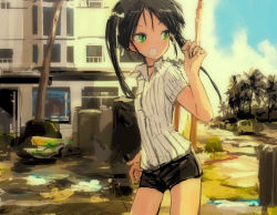 Rule 34 | alternate costume, black hair, building, car, casual, cloud, contrapposto, cowboy shot, desert, fang, flat chest, francesca lucchini, green eyes, hand up, highres, kabuyama kaigi, long hair, looking to the side, motor vehicle, open mouth, palm tree, short shorts, shorts, sketch, sky, solo, strike witches, tree, twintails, world witches series