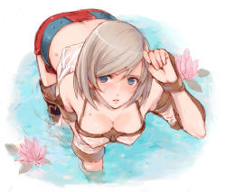 Rule 34 | 00s, 1girl, adjusting hair, ashelia b&#039;nargin dalmasca, belt, bent over, blue eyes, breasts, brown hair, butt crack, cleavage, covered erect nipples, final fantasy, final fantasy xii, flower, kasukabe akira, looking at viewer, parted lips, partially submerged, see-through, short hair, solo, wading, water, wet