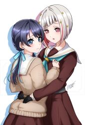 2girls aqua_neckerchief black_gloves blue_eyes blue_hair blue_ribbon bob_cut brown_cardigan brown_dress cardigan closed_mouth colored_inner_hair dark_blue_hair diagonal_bangs dollchestra dress drop_shadow gloves grey_hair hair_ornament hair_ribbon half_gloves hasu_no_sora_school_uniform highres inverted_bob link!_like!_love_live! long_hair long_sleeves love_live! low_twintails multicolored_hair multiple_girls murano_sayaka neckerchief no_choker noochan_chonoda open_mouth pleated_dress red_eyes red_hair red_neckerchief ribbon sailor_collar sailor_dress school_uniform short_hair signature simple_background star_(symbol) star_hair_ornament streaked_hair twintails virtual_youtuber watermark white_background white_sailor_collar winter_uniform yugiri_tsuzuri yuri