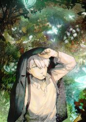 Rule 34 | 1boy, aoki (fumomo), backpack, bag, black coat, cigarette, coat, coat over head, collared shirt, commentary request, day, dress shirt, forest, ginko, grass, green eyes, hair over one eye, long sleeves, looking to the side, mushi (mushishi), mushishi, nature, outdoors, popped collar, river, shirt, smoking, solo, standing, tree, upper body, white hair, white shirt