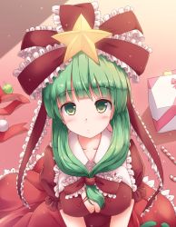 Rule 34 | 1girl, blunt bangs, blush, bow, box, breasts, candy, candy cane, cleavage, commentary request, covered erect nipples, dress, food, frills, front ponytail, gift, gift box, green eyes, green hair, head tilt, highres, kagiyama hina, large breasts, long hair, looking at viewer, lzh, perspective, puffy short sleeves, puffy sleeves, red bow, red dress, red ribbon, red theme, ribbon, short sleeves, solo, star (symbol), touhou