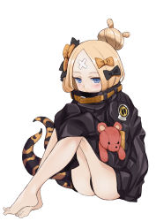 Rule 34 | 1girl, abigail williams (fate), abigail williams (traveling outfit) (fate), absurdres, animal print, ass, baicha, bare legs, barefoot, black bow, black jacket, black panties, blonde hair, blue eyes, bow, commentary request, crossed bandaids, fate/grand order, fate (series), feet, full body, hair bow, hair bun, highres, jacket, long hair, long sleeves, hugging object, official alternate costume, orange bow, panties, parted bangs, simple background, single hair bun, sitting, sleeves past fingers, sleeves past wrists, solo, stuffed animal, stuffed toy, teddy bear, tentacles, tiger print, toenails, toes, underwear, white background
