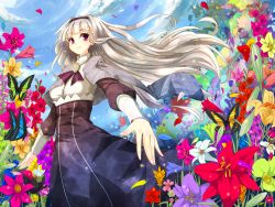 Rule 34 | 1girl, bug, butterfly, cloud, day, dress, female focus, flower, highres, idolmaster, idolmaster (classic), insect, long hair, nature, npon515, outdoors, pink eyes, shijou takane, sky, smile, solo, white hair, wind