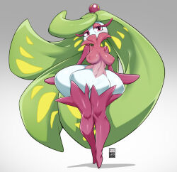 Rule 34 | 1girl, bayeuxman, big hair, breasts, covered erect nipples, covered mouth, creatures (company), full body, game freak, gen 7 pokemon, green hair, impossible clothes, large breasts, long hair, looking at viewer, nintendo, pink eyes, pokemon, pokemon (creature), red thighhighs, skin tight, solo, standing, thighhighs, tsareena, very long hair