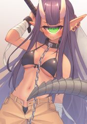Rule 34 | 1girl, absurdres, arm wrap, bikini, bikini top only, breasts, chain, chain leash, collar, collarbone, cyclops, earrings, fang, green eyes, highres, holding, holding weapon, horns, hoshi shimeji (yuki-e-toriusu1), jewelry, leash, long hair, looking at viewer, medium breasts, navel, one-eyed, open fly, original, over shoulder, pants, pointy ears, purple hair, skin-covered horns, solo, swimsuit, tail, very long hair, weapon, weapon over shoulder