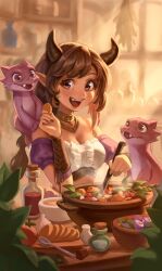 Rule 34 | 1girl, bare shoulders, black horns, bottle, breasts, brown eyes, brown hair, cleavage, cooking, cork, dragon, dragon girl, food, hand up, highres, holding, holding spoon, horns, im hidari mimi, leaf, long hair, medium breasts, onion, open mouth, original, pointy ears, ponytail, shelf, smile, solo, spoon, tomato, upper body