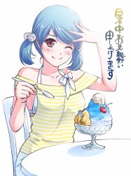 Rule 34 | 1girl, blue hair, chair, dice hair ornament, domestic na kanojo, food, hair ornament, hand on head, highres, one eye closed, red eyes, sasuga kei, shaved ice, shirt, smile, spoon, striped clothes, striped shirt, table, tachibana rui, white background