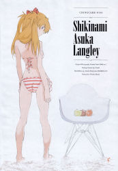 Rule 34 | 1girl, apple, bikini, chair, english text, food, fruit, hair ornament, highres, honda takeshi, looking at viewer, looking back, neon genesis evangelion, official art, rebuild of evangelion, scan, solo, souryuu asuka langley, striped bikini, striped clothes, swimsuit