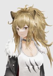 Rule 34 | 1girl, animal ear fluff, animal ears, arknights, black choker, black jacket, blonde hair, breasts, choker, cleavage, closed mouth, collarbone, fur-trimmed jacket, fur trim, highres, jacket, lion ears, long hair, looking at viewer, medium breasts, open clothes, open jacket, shirt, siege (arknights), simple background, solo, upper body, wh1te, white shirt, yellow eyes