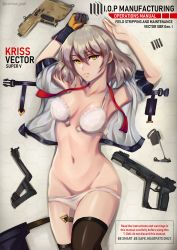 Rule 34 | 1girl, absurdres, artist name, black thighhighs, blouse, bra, breasts, caiman pool, character name, collarbone, english text, girls&#039; frontline, gloves, gun, hand up, handgun, highres, kriss vector, looking at viewer, medium breasts, navel, open bra, open clothes, open shirt, panties, panty pull, pistol, shirt, unworn shirt, short hair, silver hair, simple background, single glove, solo, stomach, submachine gun, thighhighs, thighs, underwear, vector (girls&#039; frontline), weapon, white bra, white panties, yellow eyes