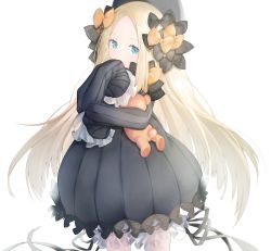 Rule 34 | 1girl, abigail williams (fate), black bow, black dress, black hat, black ribbon, blonde hair, bloomers, blue eyes, blush, bow, bug, butterfly, commentary request, covered mouth, dress, fate/grand order, fate (series), forehead, hair bow, hat, hugging object, insect, long hair, long sleeves, looking at viewer, orange bow, parted bangs, polka dot, polka dot bow, ribbon, ringozaka mariko, simple background, sleeves past fingers, sleeves past wrists, solo, stuffed animal, stuffed toy, teddy bear, underwear, very long hair, white background, white bloomers