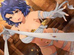 Rule 34 | :d, absurdres, antenna hair, bandages, bare shoulders, blue hair, breasts, cleavage, coin, collarbone, gold coin, hanamasa ono, highres, idolmaster, idolmaster million live!, indoors, light blush, light particles, looking at viewer, medium breasts, mummy costume, naked bandage, navel, open mouth, parted bangs, short hair, skindentation, smile, solo, stairs, thick thighs, thighs, toyokawa fuka, yellow eyes