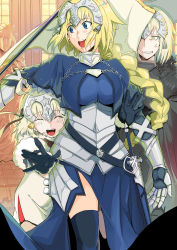 Rule 34 | 3girls, :d, :o, absurdres, anger vein, armor, armored dress, bad id, bad pixiv id, banner, blonde hair, blue eyes, blush, breasts, capelet, closed eyes, fate/grand order, fate (series), flag, flagpole, fur trim, gauntlets, gilles de rais (caster) (fate), gloves, highres, hug, hug from behind, jeanne d&#039;arc (fate), jeanne d&#039;arc (ruler) (fate), jeanne d&#039;arc alter (avenger) (fate), jeanne d&#039;arc alter (fate), jeanne d&#039;arc alter santa lily (fate), large breasts, long hair, multiple girls, open mouth, peng ja, scabbard, sheath, short hair, silver hair, smile, statue, sword, weapon, yellow eyes